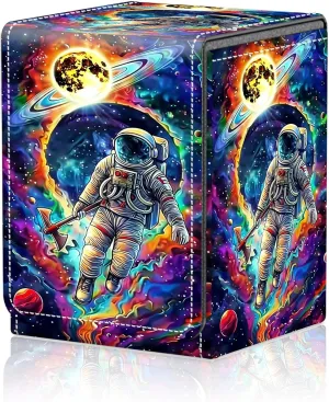 Card Deck Box for MTG Trading Cards, Magic Card Box Can Hold 110  Single Sleeved Cards, Waterproof PU Leather Material, Strong Magnetic Buckle Card Set Box Suitable for TCG CCG, Space Men Colorful