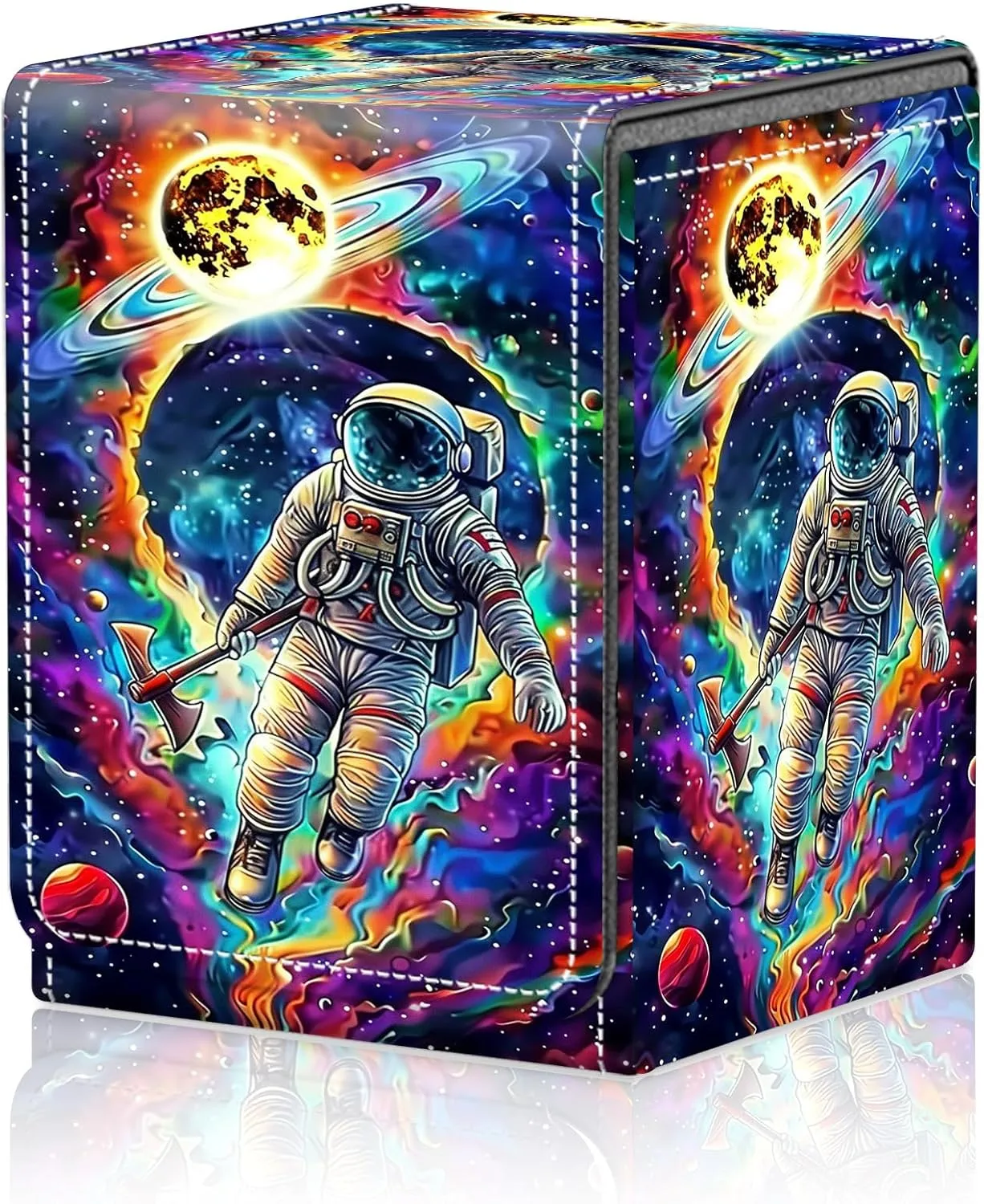 Card Deck Box for MTG Trading Cards, Magic Card Box Can Hold 110  Single Sleeved Cards, Waterproof PU Leather Material, Strong Magnetic Buckle Card Set Box Suitable for TCG CCG, Space Men Colorful