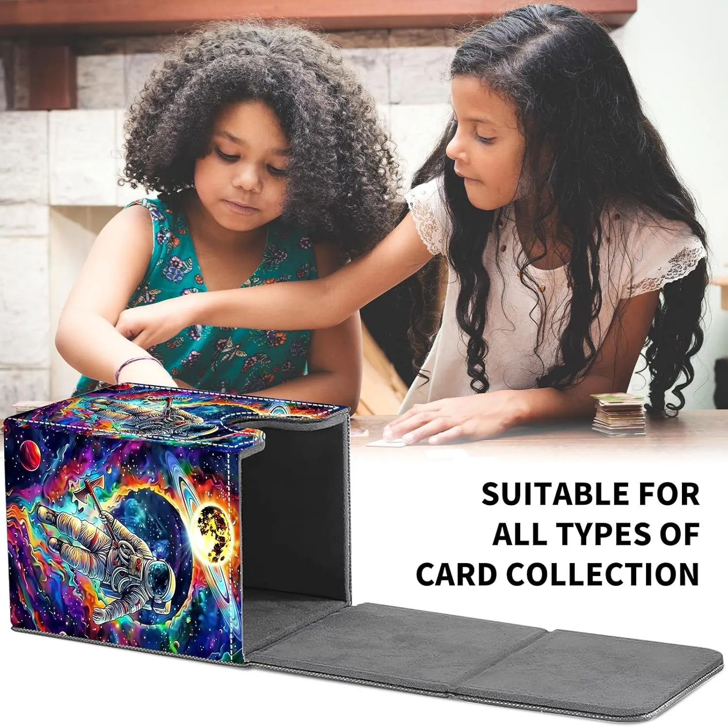 Card Deck Box for MTG Trading Cards, Magic Card Box Can Hold 110  Single Sleeved Cards, Waterproof PU Leather Material, Strong Magnetic Buckle Card Set Box Suitable for TCG CCG, Space Men Colorful