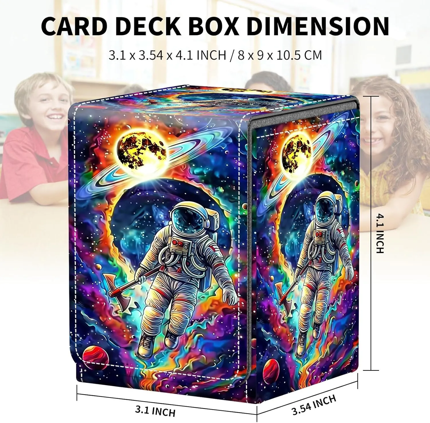 Card Deck Box for MTG Trading Cards, Magic Card Box Can Hold 110  Single Sleeved Cards, Waterproof PU Leather Material, Strong Magnetic Buckle Card Set Box Suitable for TCG CCG, Space Men Colorful