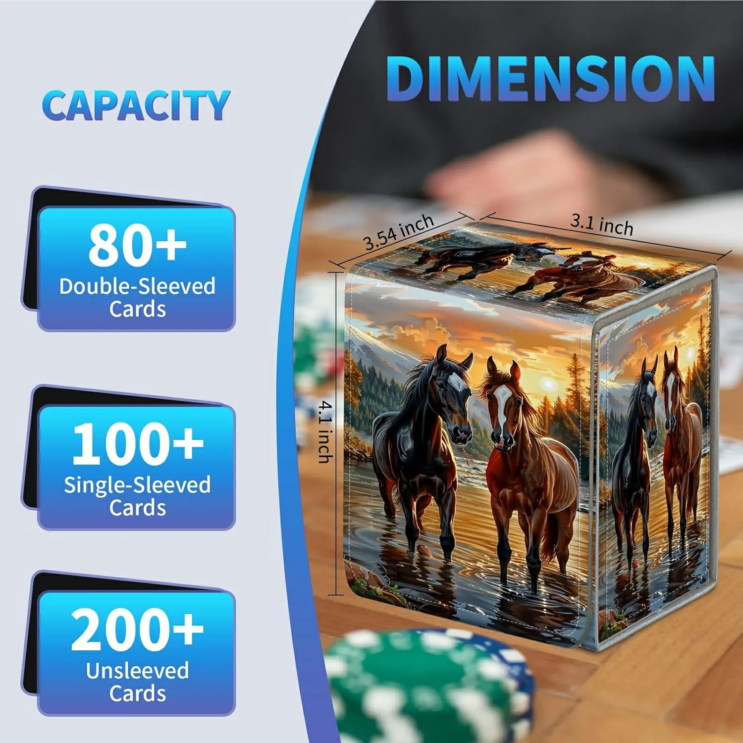 Card Deck Box for Trading Cards, MTG Commander Deck Box Fits 100  Single Sleeved Cards, Leather Magnetic Card Storage Box for YuGiOh TCG CCG Cards, Sunlight Two Horses