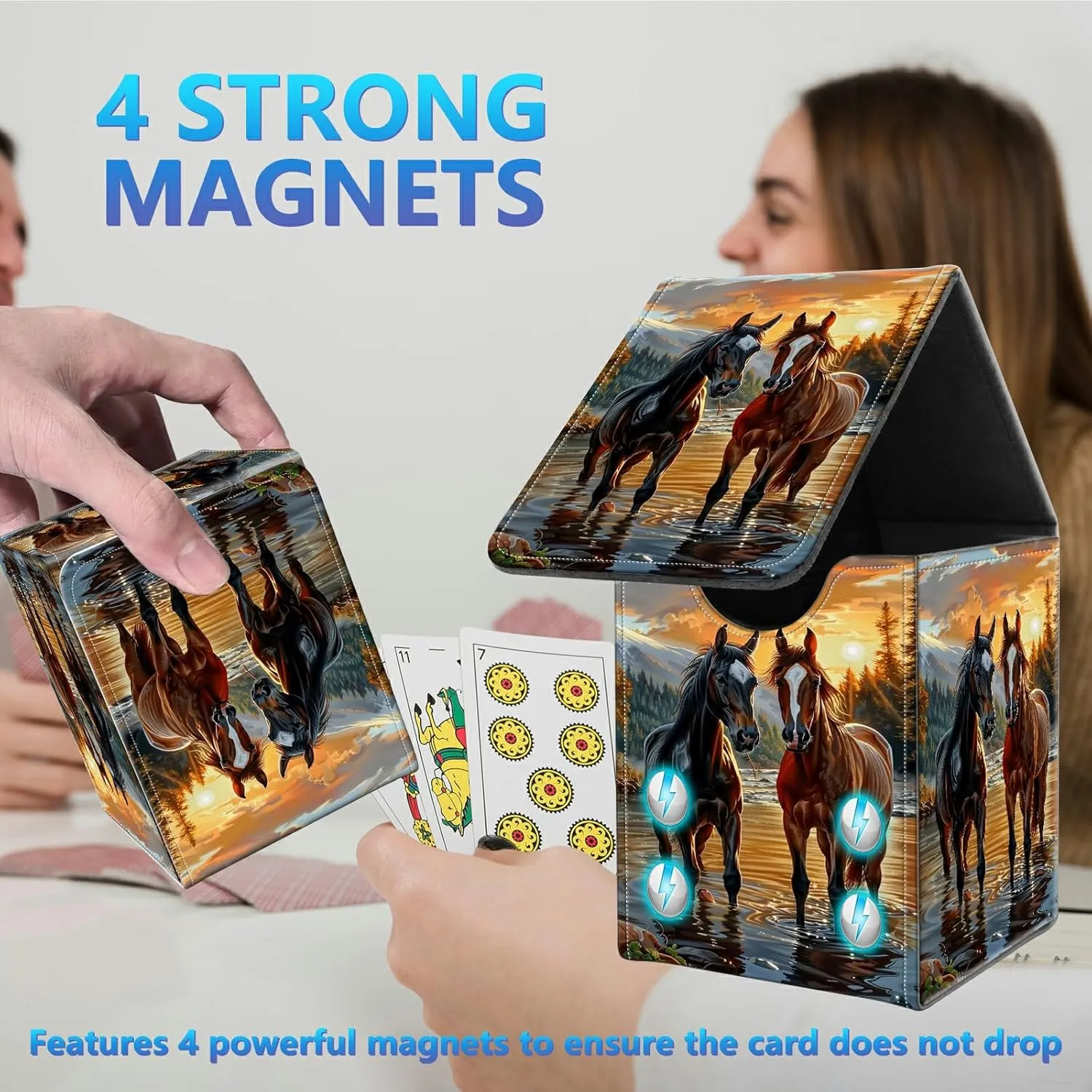 Card Deck Box for Trading Cards, MTG Commander Deck Box Fits 100  Single Sleeved Cards, Leather Magnetic Card Storage Box for YuGiOh TCG CCG Cards, Sunlight Two Horses
