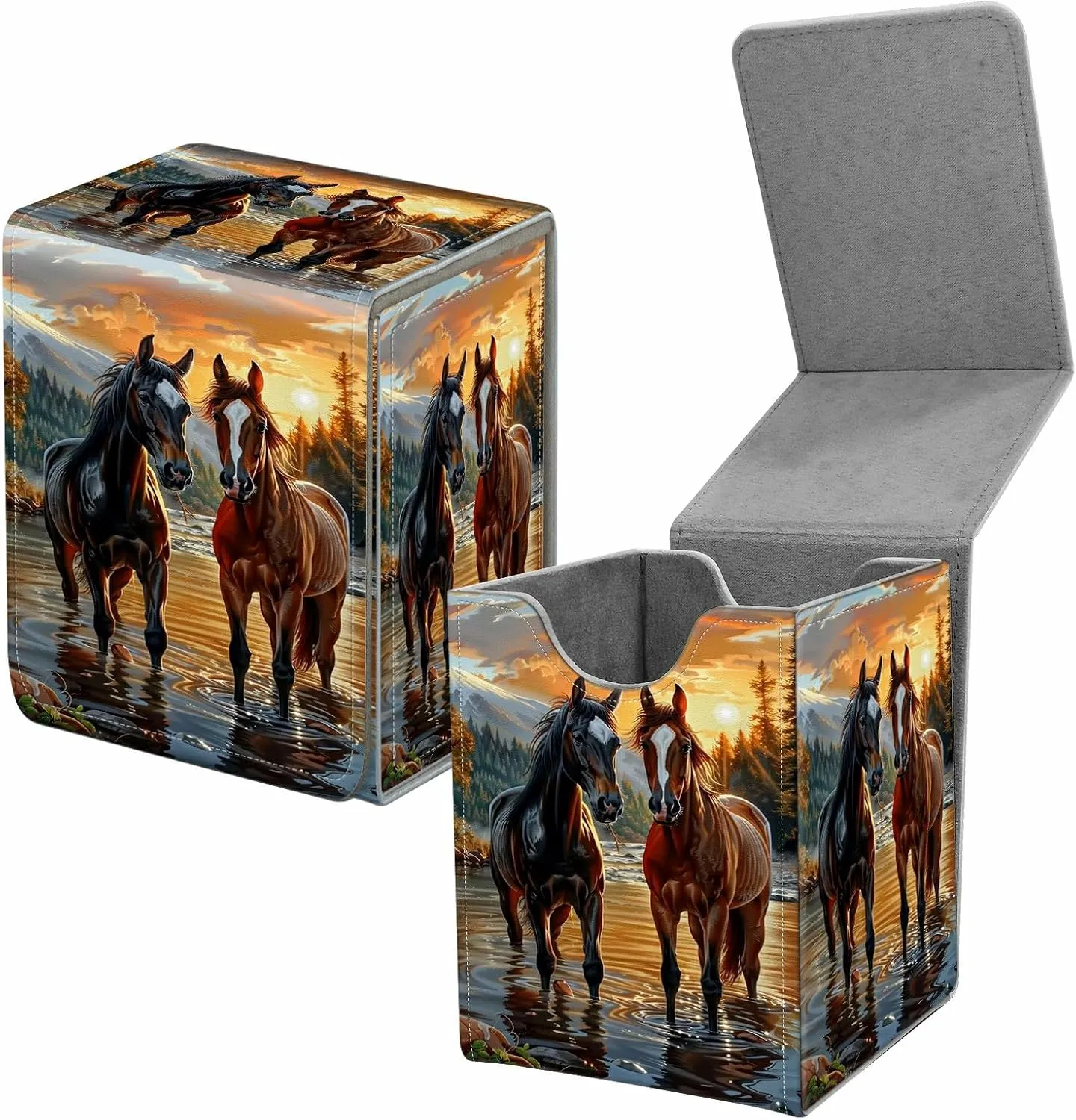 Card Deck Box for Trading Cards, MTG Commander Deck Box Fits 100  Single Sleeved Cards, Leather Magnetic Card Storage Box for YuGiOh TCG CCG Cards, Sunlight Two Horses