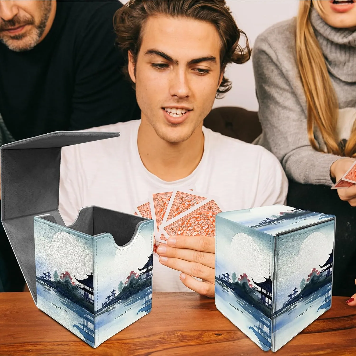 Card Deck Box Trading Cards with Strong Magnet Chinese Watercolor Painting Theme Commander Deck Box Card Storage Box Magic Premium Card Storage Box Case Cover for TCG CCG Magic Cards