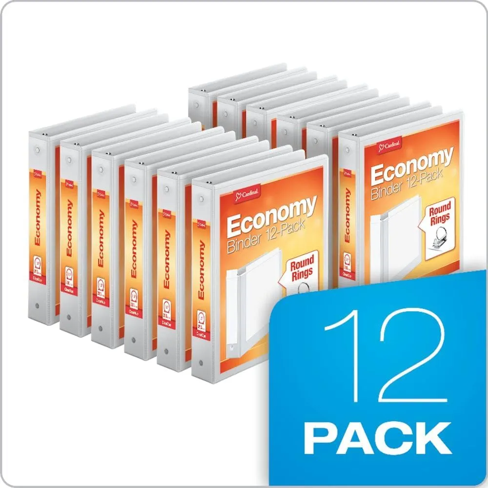 Cardinal Economy 3-Ring Binders, 1.5", Round Rings, Holds 350 Sheets, ClearVue Presentation View, Non-Stick, White, Carton of 12 (90631)