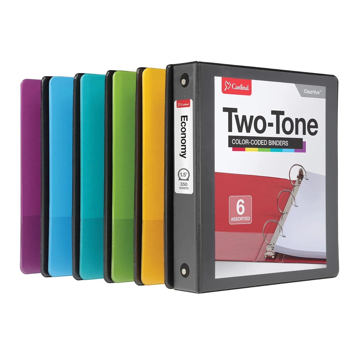Cardinal Two Tone 3 Ring Binders, Binders for School and Office, Black/Rainbow, Durable 1.5 inch Round Rings, Holds 350 Sheets, Presentation Cover, Clear Pockets, Non-Stick, 6 Pack (1000834)