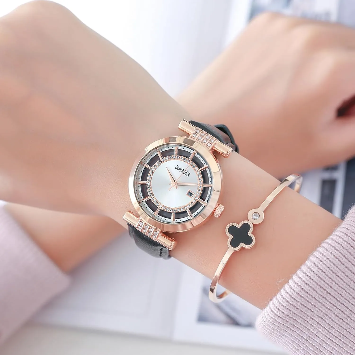 CARLIEN Womens Stylish Transparent Crystal Round Dial Watch Leather Strap Calendar Water Resistant Bracelet Wristwatch for Women