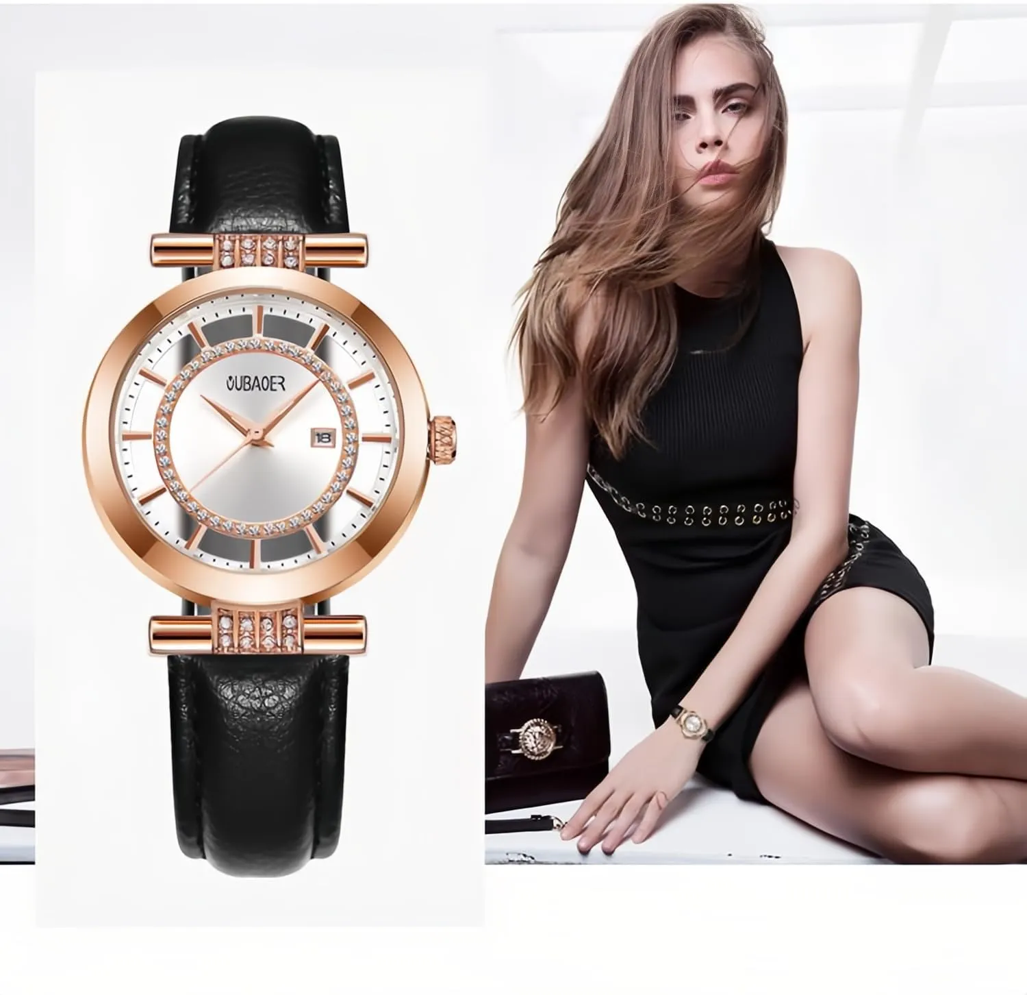 CARLIEN Womens Stylish Transparent Crystal Round Dial Watch Leather Strap Calendar Water Resistant Bracelet Wristwatch for Women