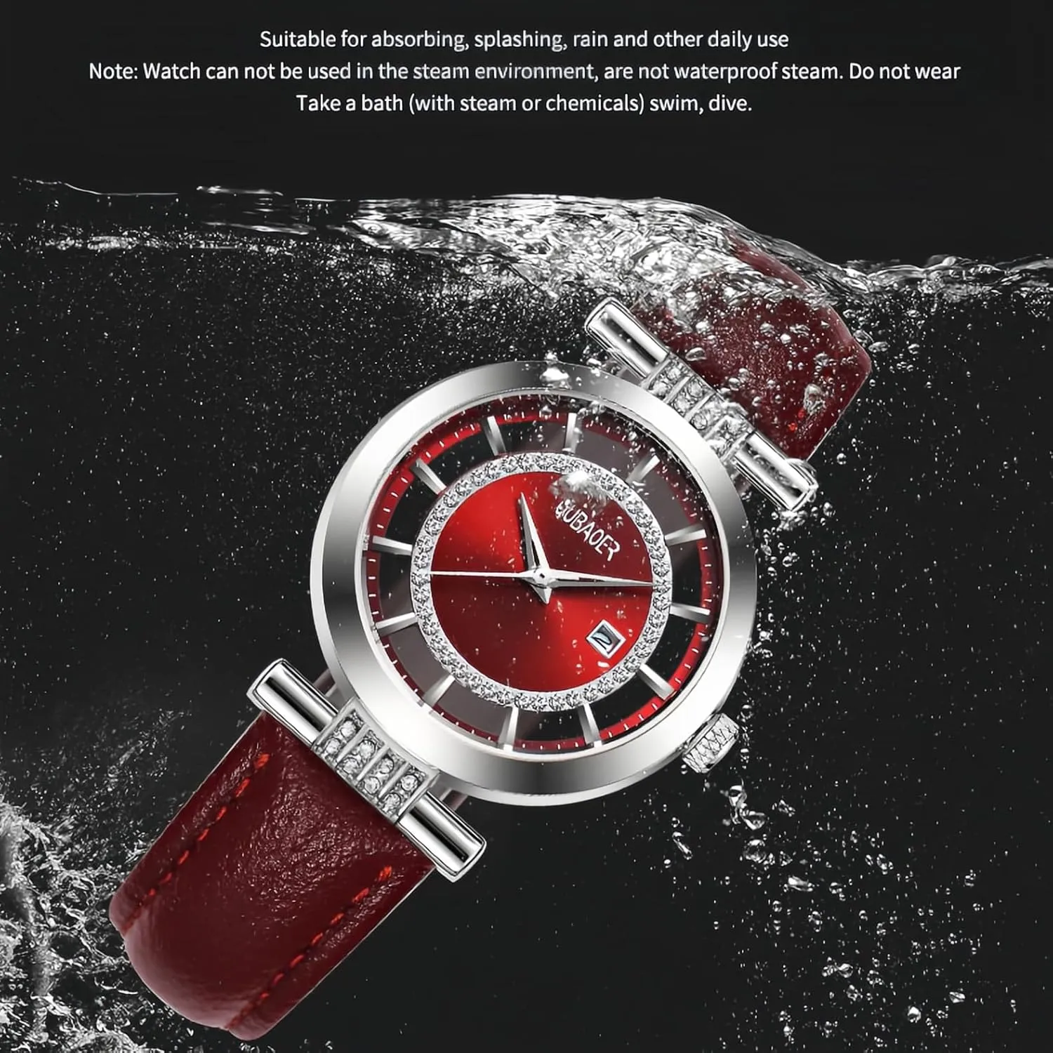 CARLIEN Womens Stylish Transparent Crystal Round Dial Watch Leather Strap Calendar Water Resistant Bracelet Wristwatch for Women