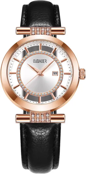 CARLIEN Womens Stylish Transparent Crystal Round Dial Watch Leather Strap Calendar Water Resistant Bracelet Wristwatch for Women