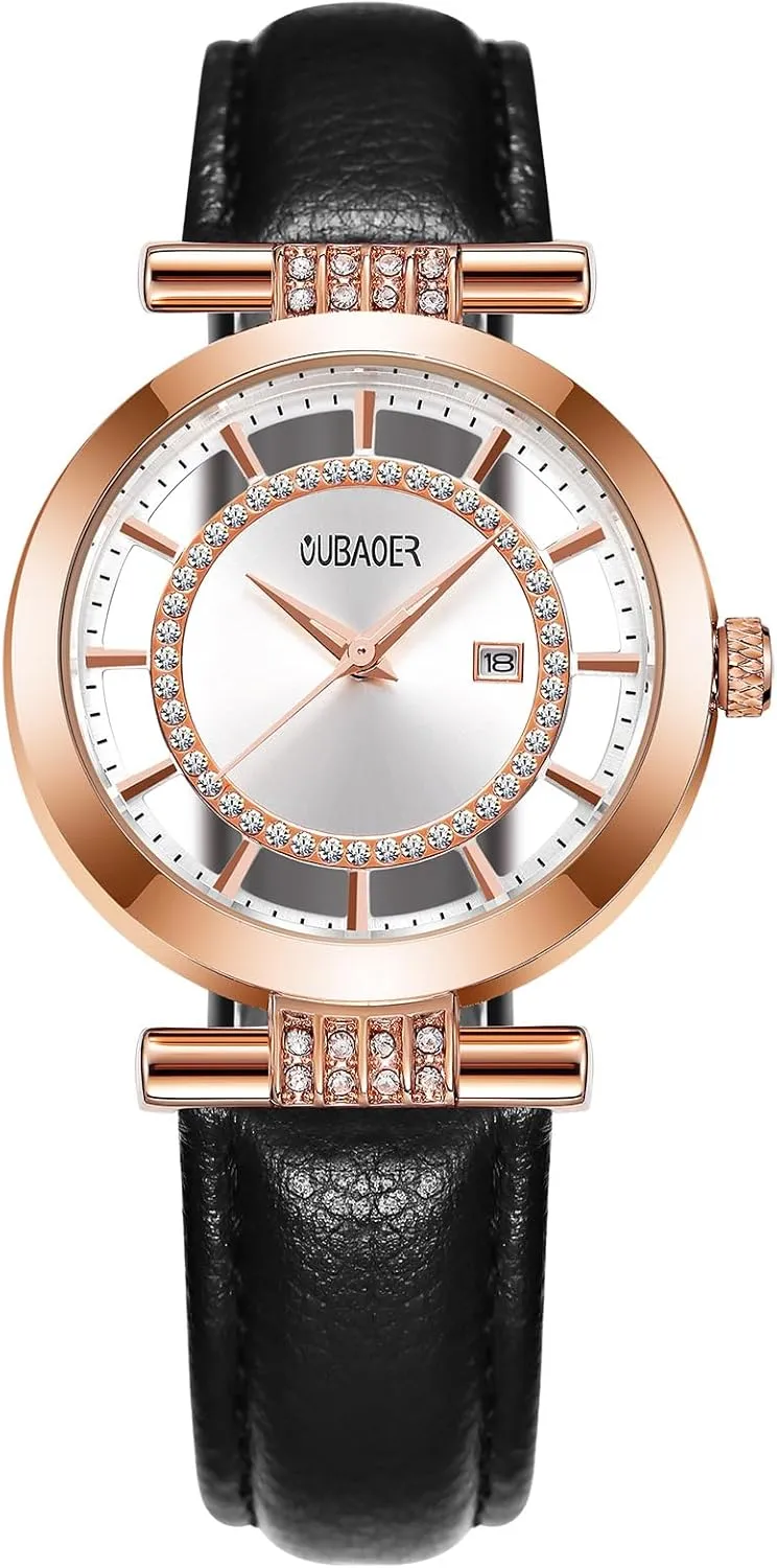 CARLIEN Womens Stylish Transparent Crystal Round Dial Watch Leather Strap Calendar Water Resistant Bracelet Wristwatch for Women