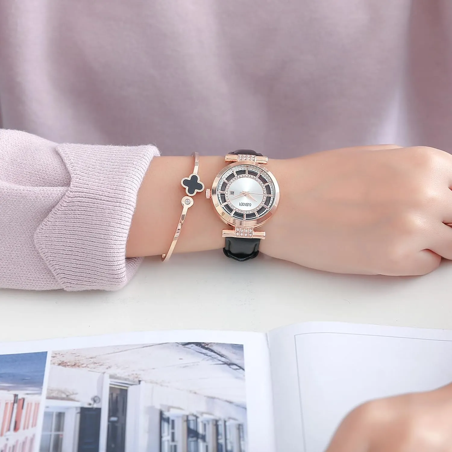 CARLIEN Womens Stylish Transparent Crystal Round Dial Watch Leather Strap Calendar Water Resistant Bracelet Wristwatch for Women