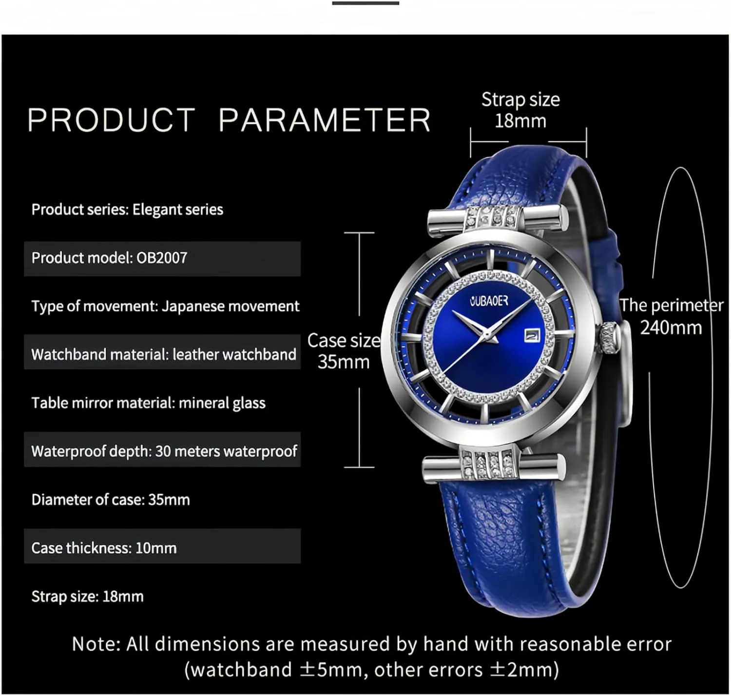 CARLIEN Womens Stylish Transparent Crystal Round Dial Watch Leather Strap Calendar Water Resistant Bracelet Wristwatch for Women