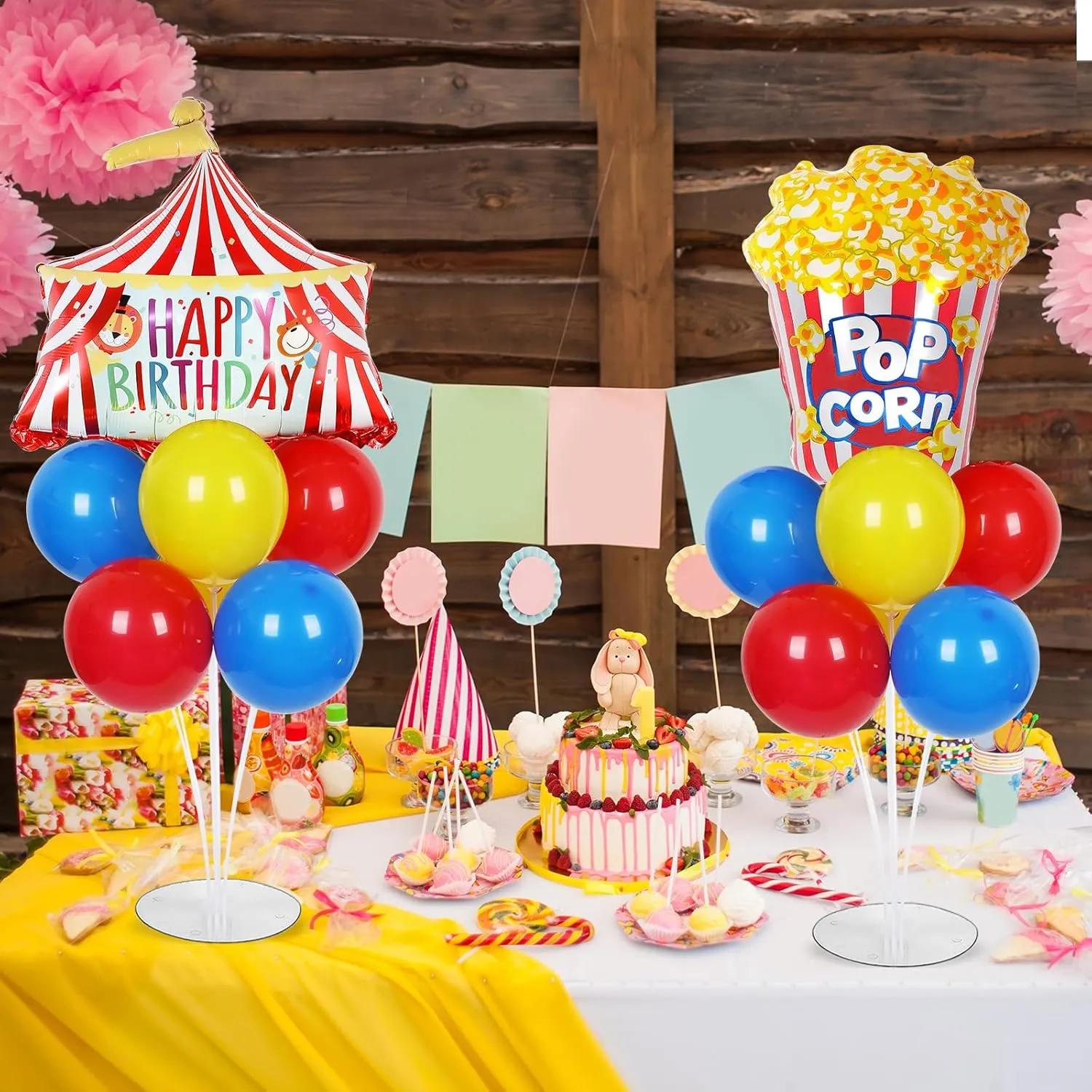 Carnival Circus Party Balloons Stand Kit 2 Sets with 2 Circus Tent Popcorn Foil Balloons Circus Themed Party Balloon Centerpiece for Tables for Carnival Circus Birthday Party Decorations