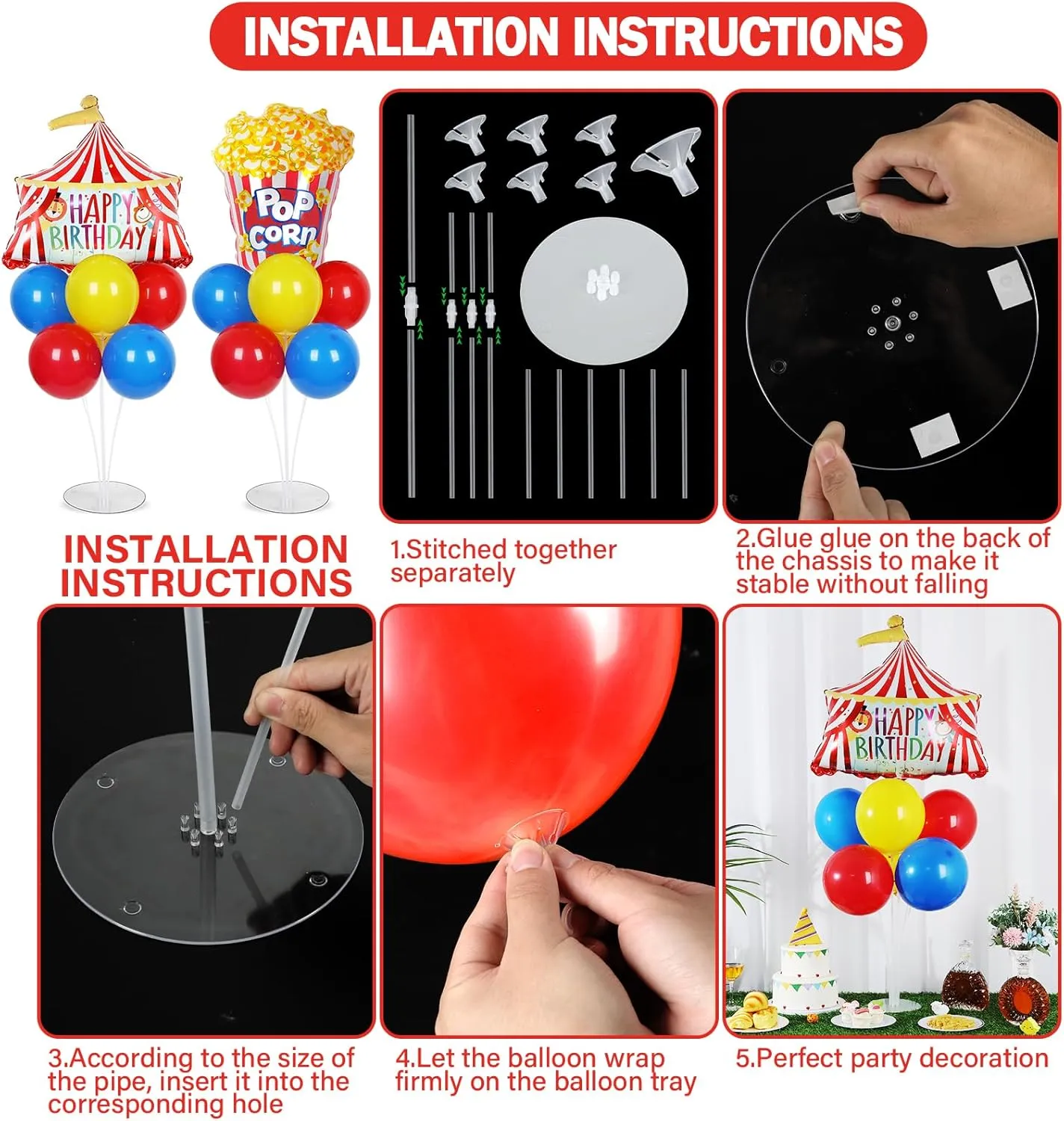 Carnival Circus Party Balloons Stand Kit 2 Sets with 2 Circus Tent Popcorn Foil Balloons Circus Themed Party Balloon Centerpiece for Tables for Carnival Circus Birthday Party Decorations
