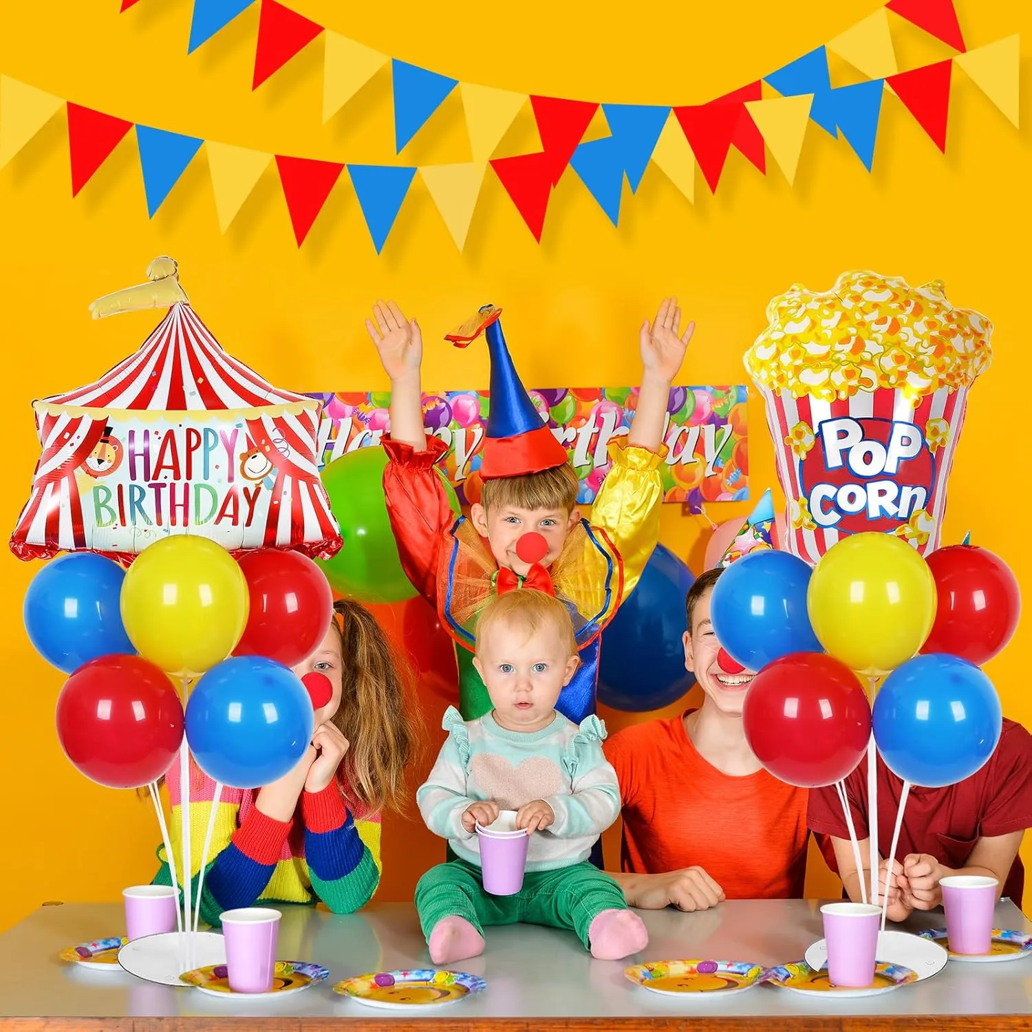 Carnival Circus Party Balloons Stand Kit 2 Sets with 2 Circus Tent Popcorn Foil Balloons Circus Themed Party Balloon Centerpiece for Tables for Carnival Circus Birthday Party Decorations