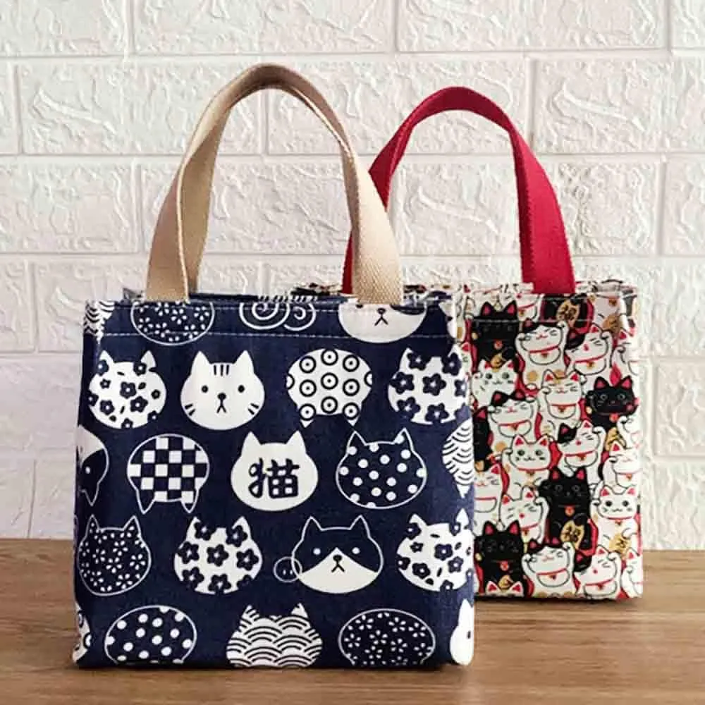 Cartoon canvas women's Japanese insulated handbag lunch box bag lunch bag bento bag (Style A)