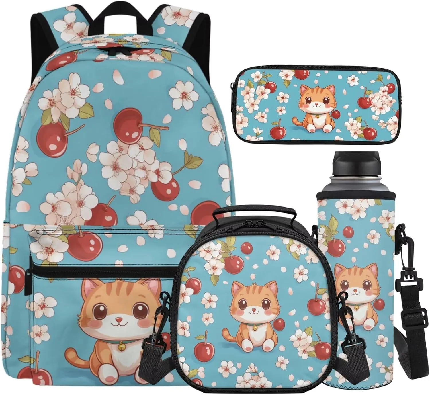 Cartoon Cat Backpack for Girls 10-12 with Lunch Box 4 in 1 Set Kids Bookbag Lightweight Girls School Bag Set for Elementary Middle School Back Pack Back to School Gifts