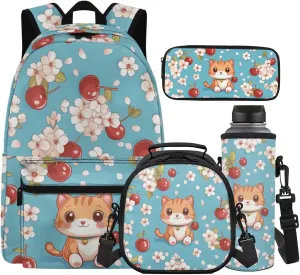 Cartoon Cat Backpack for Girls 10-12 with Lunch Box 4 in 1 Set Kids Bookbag Lightweight Girls School Bag Set for Elementary Middle School Back Pack Back to School Gifts