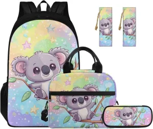 Cartoon Koala Backpack for Girls 4th Grade Boys Bookbag with Lunch Box Kawaii Leather Bookmarks and Pencil Case Customized 4 PCS Zipper Closure Secondary Big School Bag