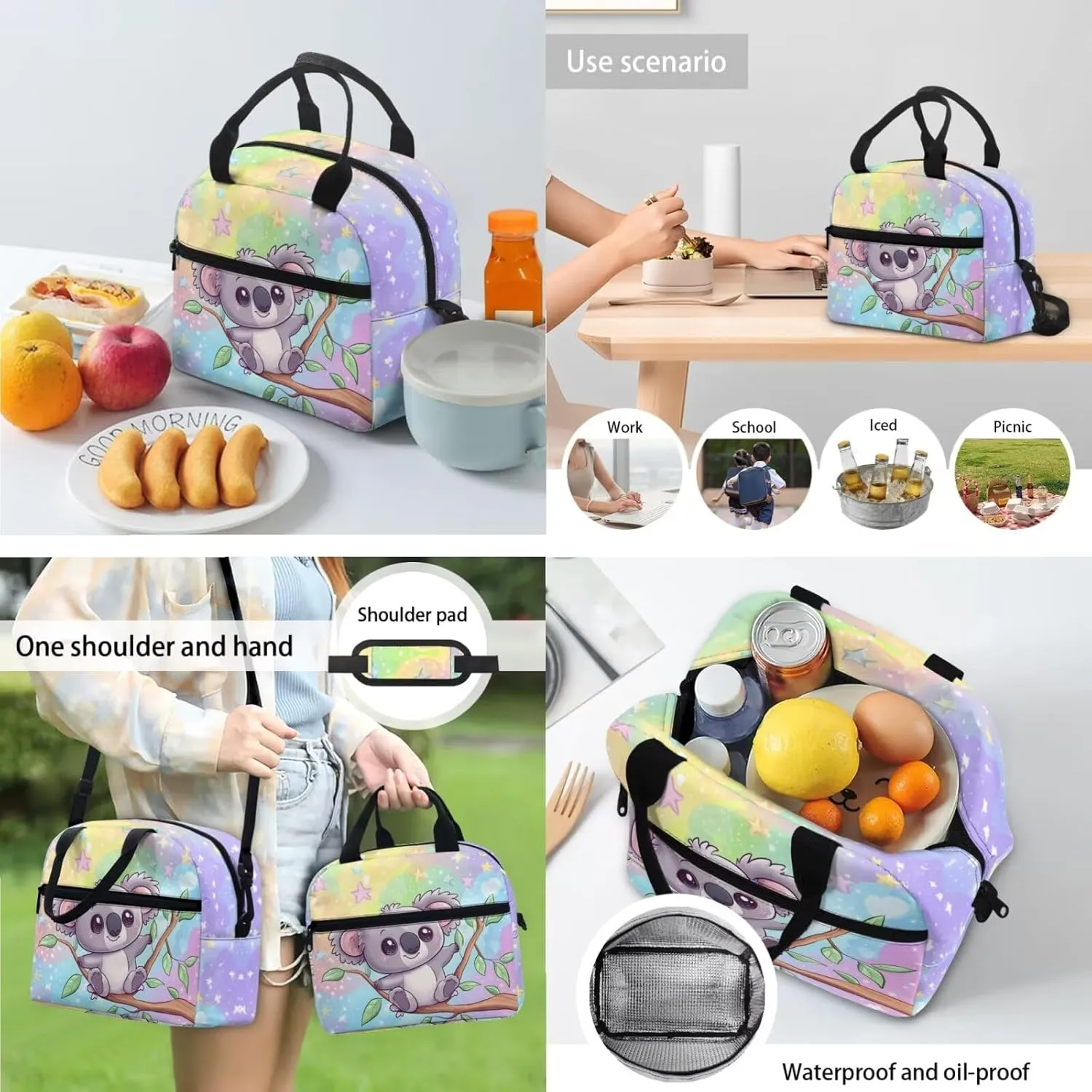 Cartoon Koala Backpack for Girls 4th Grade Boys Bookbag with Lunch Box Kawaii Leather Bookmarks and Pencil Case Customized 4 PCS Zipper Closure Secondary Big School Bag