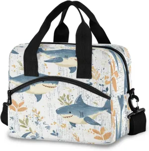 Cartoon Shark Foliage Pattern Lunch Box for Men Women Adults Insulated Lunch Bag Cooler Bag with Adjustable Shoulder Strap for Work Picnic Travel