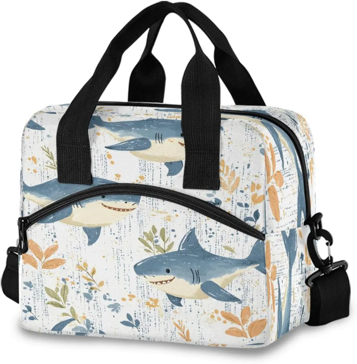 Cartoon Shark Foliage Pattern Lunch Box for Men Women Adults Insulated Lunch Bag Cooler Bag with Adjustable Shoulder Strap for Work Picnic Travel