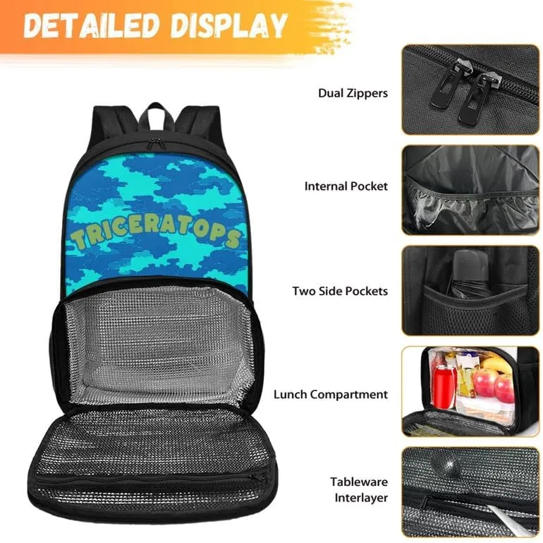 Cartoon Triceratops Camouflage Backpack and Lunch Bag Kids Cute Dinosaur Camo School Bag Pack for Teens Students Boys Girls School Sport Travel