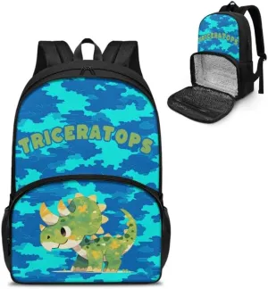Cartoon Triceratops Camouflage Backpack and Lunch Bag Kids Cute Dinosaur Camo School Bag Pack for Teens Students Boys Girls School Sport Travel
