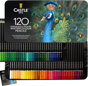 Castle Art Supplies 120 Watercolor Pencils Set | Quality Vibrant Pigments | Draw and Paint at Same Time | For Adult Artists and Professionals | Protected and Organized in Presentation Tin