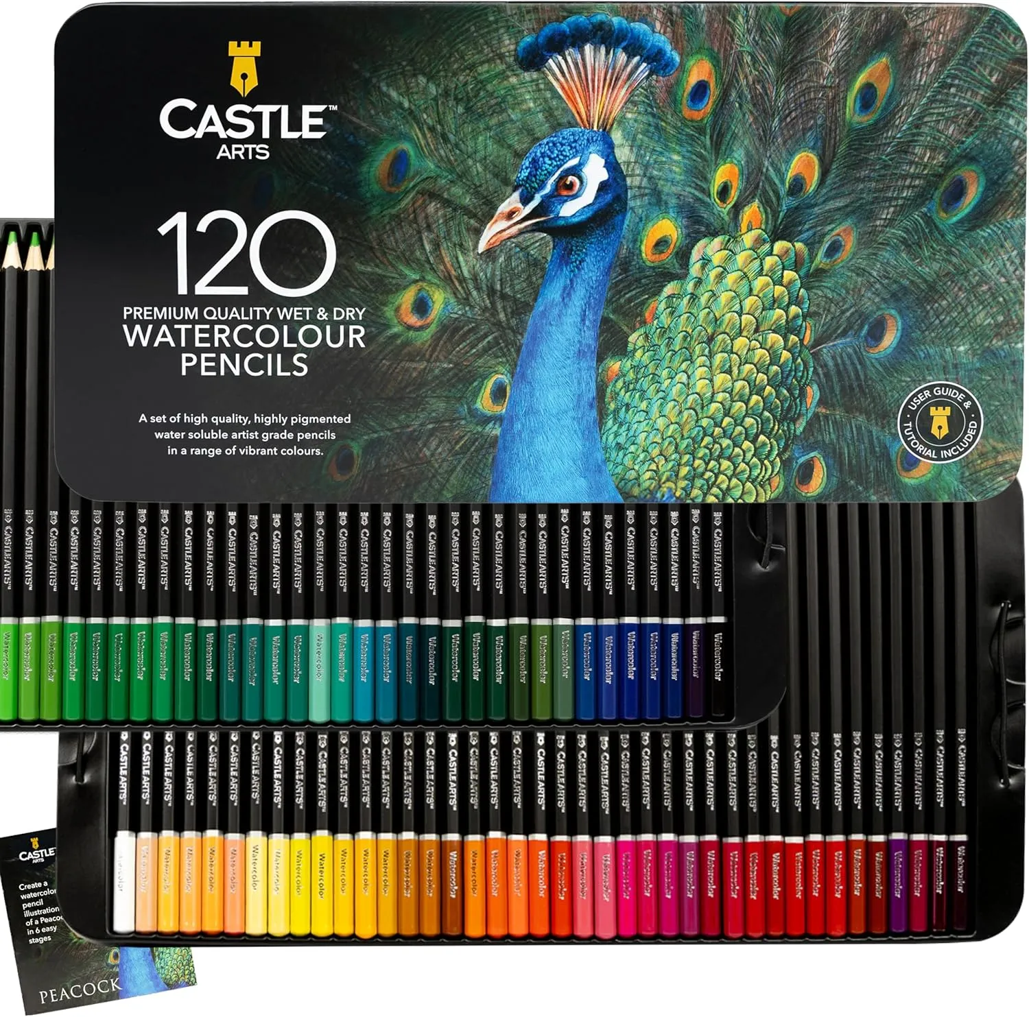 Castle Art Supplies 120 Watercolor Pencils Set | Quality Vibrant Pigments | Draw and Paint at Same Time | For Adult Artists and Professionals | Protected and Organized in Presentation Tin