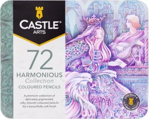 Castle Art Supplies 72 Harmonious Colored Pencil Set | Wax-Based, Soft Core Coloring Pencils for Expert Blending | Unique Muted and Moody Palette for Adult Artists | Organized in Presentation Tin