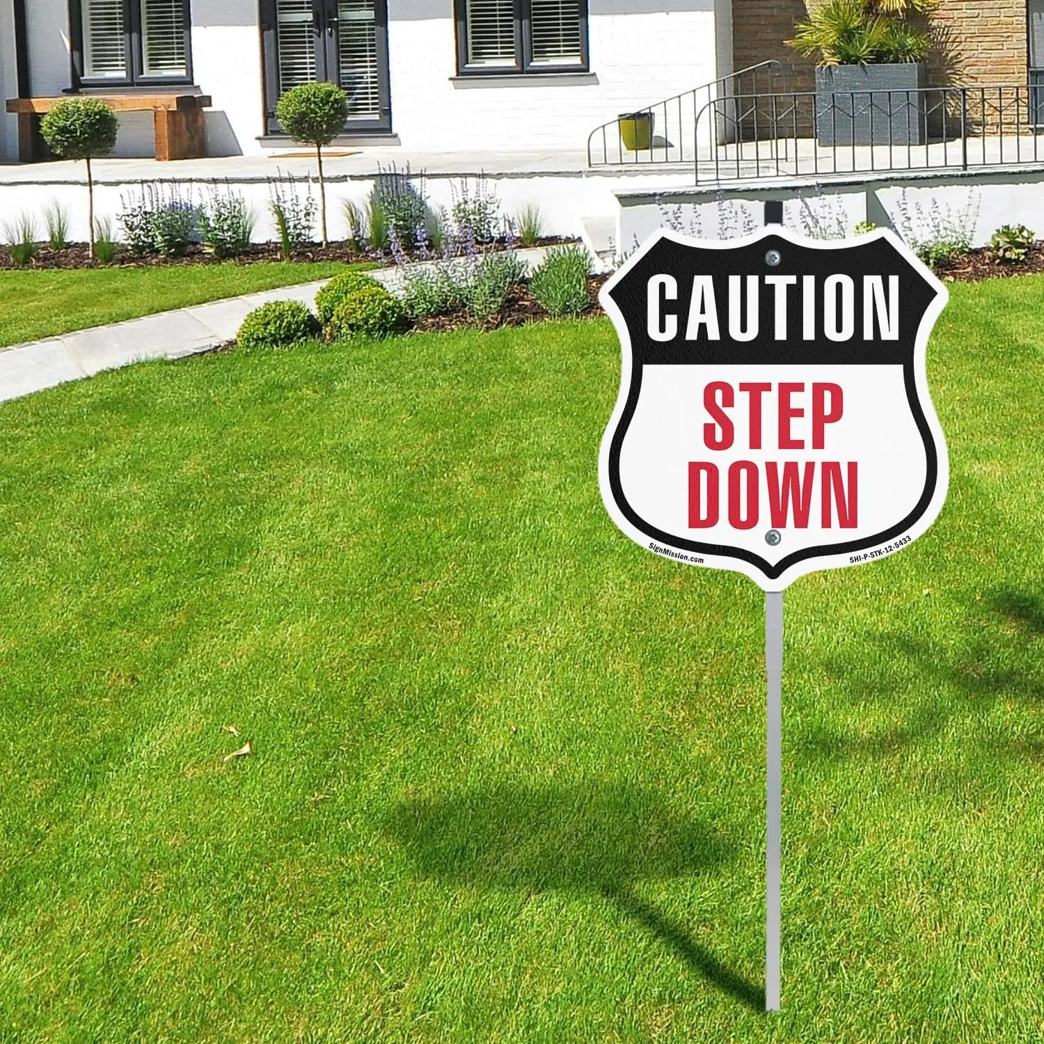 Caution Step Down (2 Pack) 12 inch X 12 inch Shield Shaped Rust-Free Aluminum Metal Signs with Aluminum Mounting Stakes Weather Resistant Made in the USA