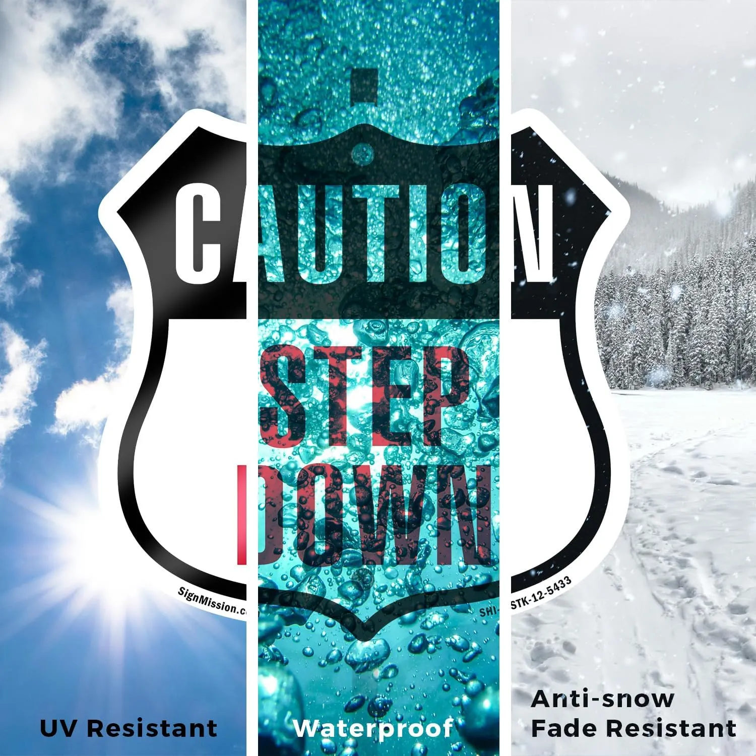 Caution Step Down (2 Pack) 12 inch X 12 inch Shield Shaped Rust-Free Aluminum Metal Signs with Aluminum Mounting Stakes Weather Resistant Made in the USA