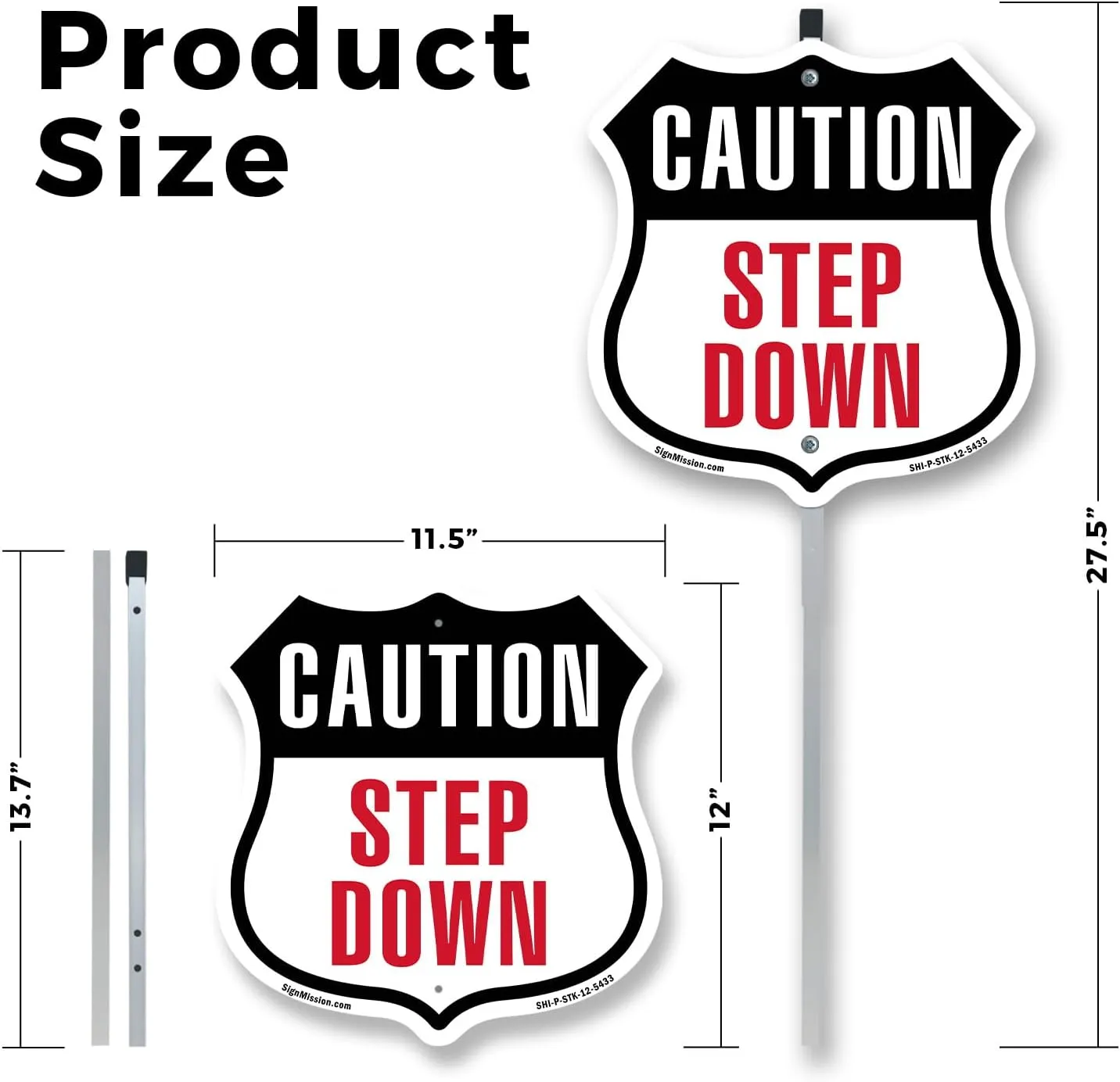 Caution Step Down (2 Pack) 12 inch X 12 inch Shield Shaped Rust-Free Aluminum Metal Signs with Aluminum Mounting Stakes Weather Resistant Made in the USA