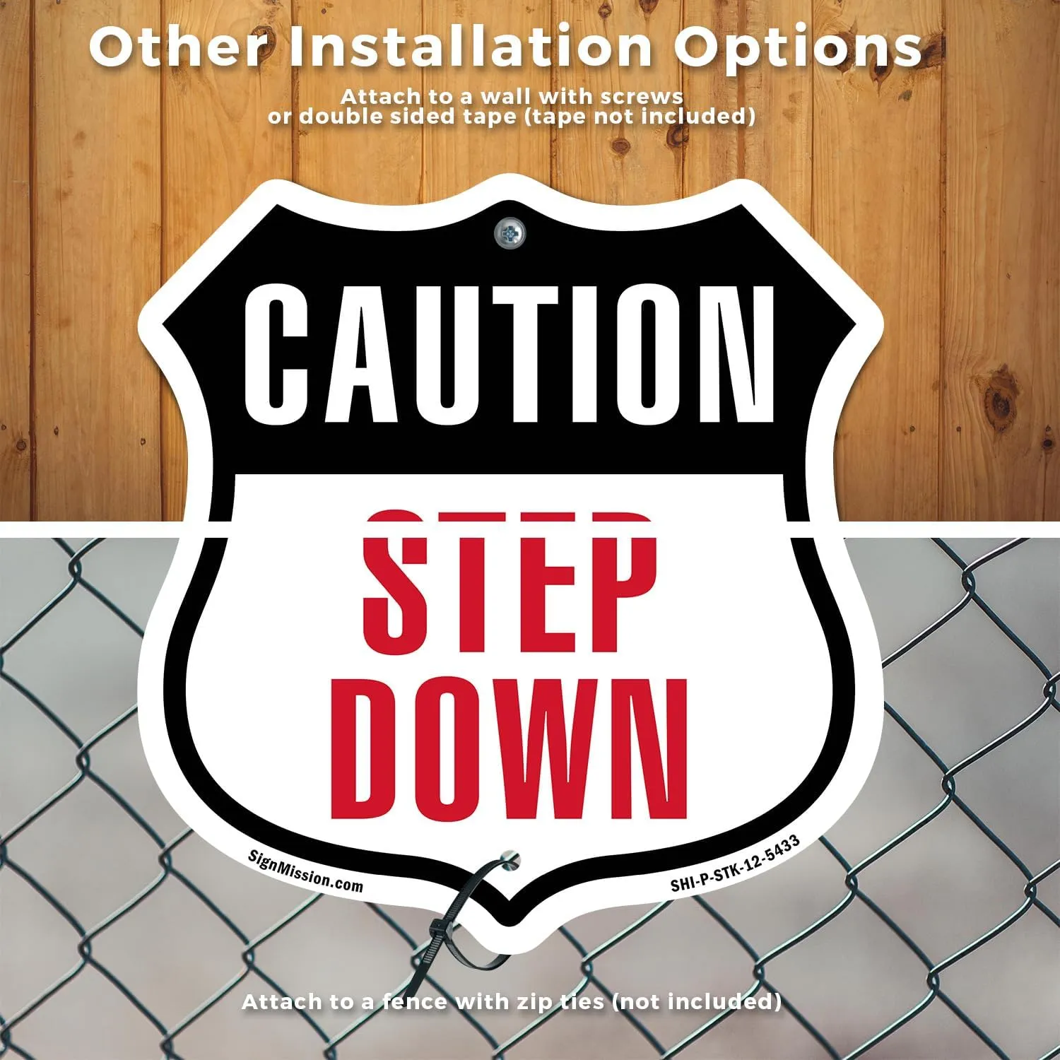 Caution Step Down (2 Pack) 12 inch X 12 inch Shield Shaped Rust-Free Aluminum Metal Signs with Aluminum Mounting Stakes Weather Resistant Made in the USA