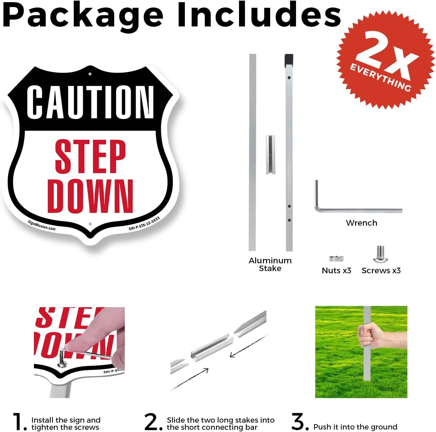 Caution Step Down (2 Pack) 12 inch X 12 inch Shield Shaped Rust-Free Aluminum Metal Signs with Aluminum Mounting Stakes Weather Resistant Made in the USA