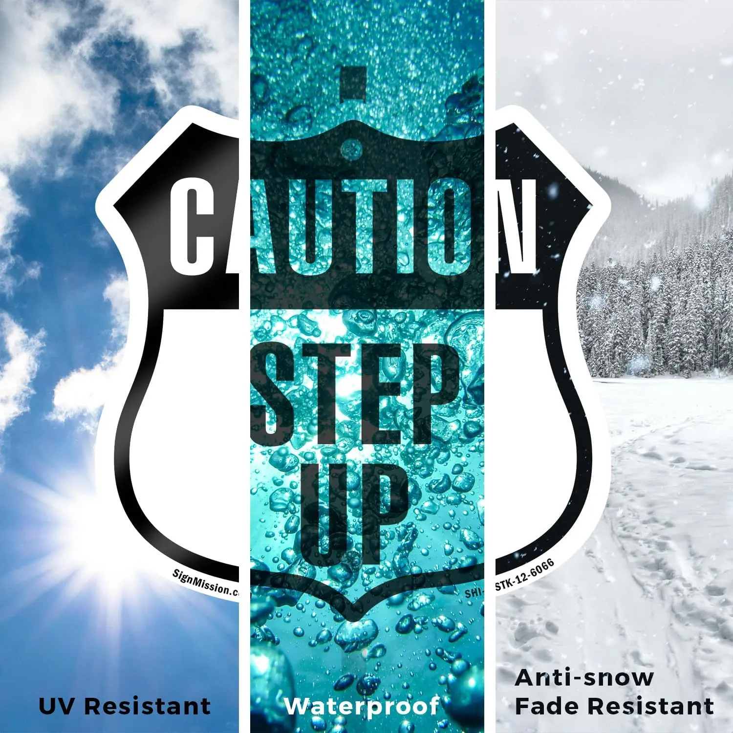 Caution Step Up (10 Pack) 12 inch X 12 inch Shield Shaped Rust-Free Aluminum Metal Signs with Aluminum Mounting Stakes Weather Resistant Made in the USA
