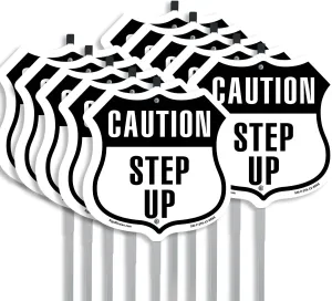 Caution Step Up (10 Pack) 12 inch X 12 inch Shield Shaped Rust-Free Aluminum Metal Signs with Aluminum Mounting Stakes Weather Resistant Made in the USA