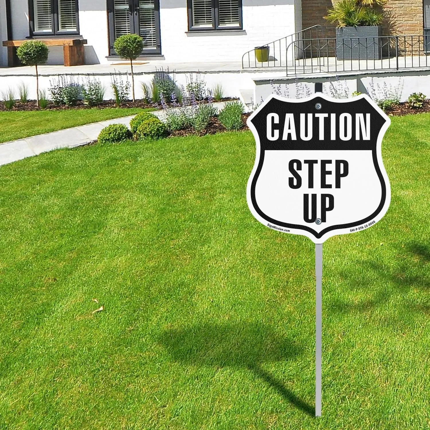 Caution Step Up (10 Pack) 12 inch X 12 inch Shield Shaped Rust-Free Aluminum Metal Signs with Aluminum Mounting Stakes Weather Resistant Made in the USA