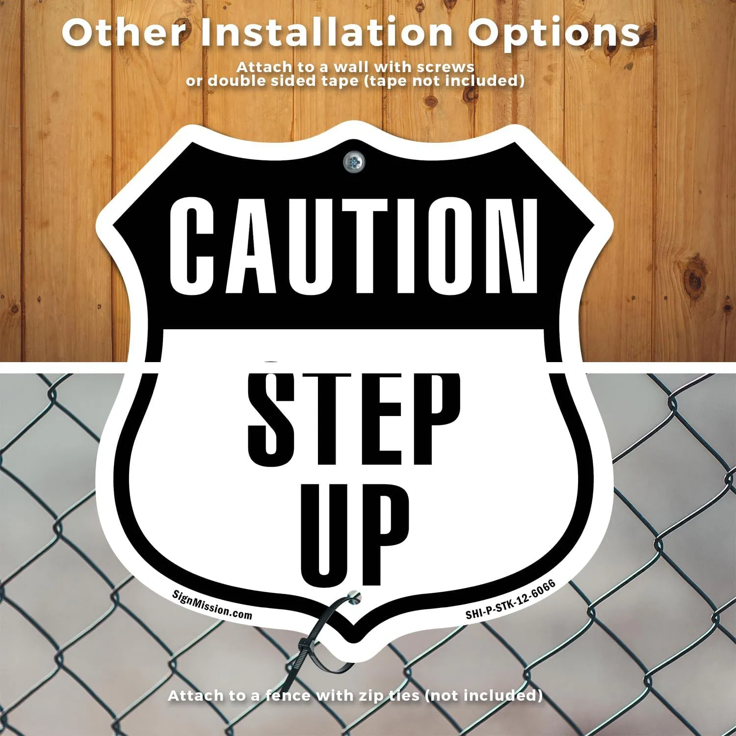 Caution Step Up (10 Pack) 12 inch X 12 inch Shield Shaped Rust-Free Aluminum Metal Signs with Aluminum Mounting Stakes Weather Resistant Made in the USA