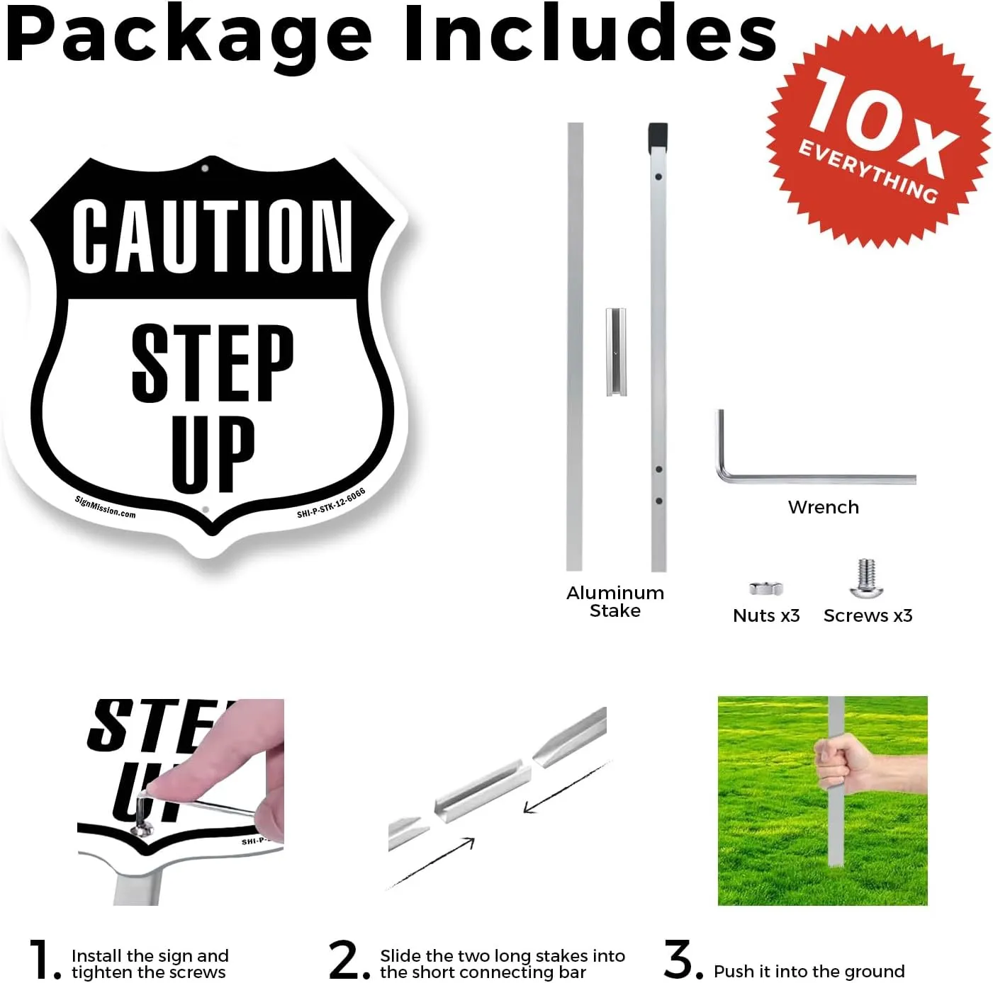 Caution Step Up (10 Pack) 12 inch X 12 inch Shield Shaped Rust-Free Aluminum Metal Signs with Aluminum Mounting Stakes Weather Resistant Made in the USA