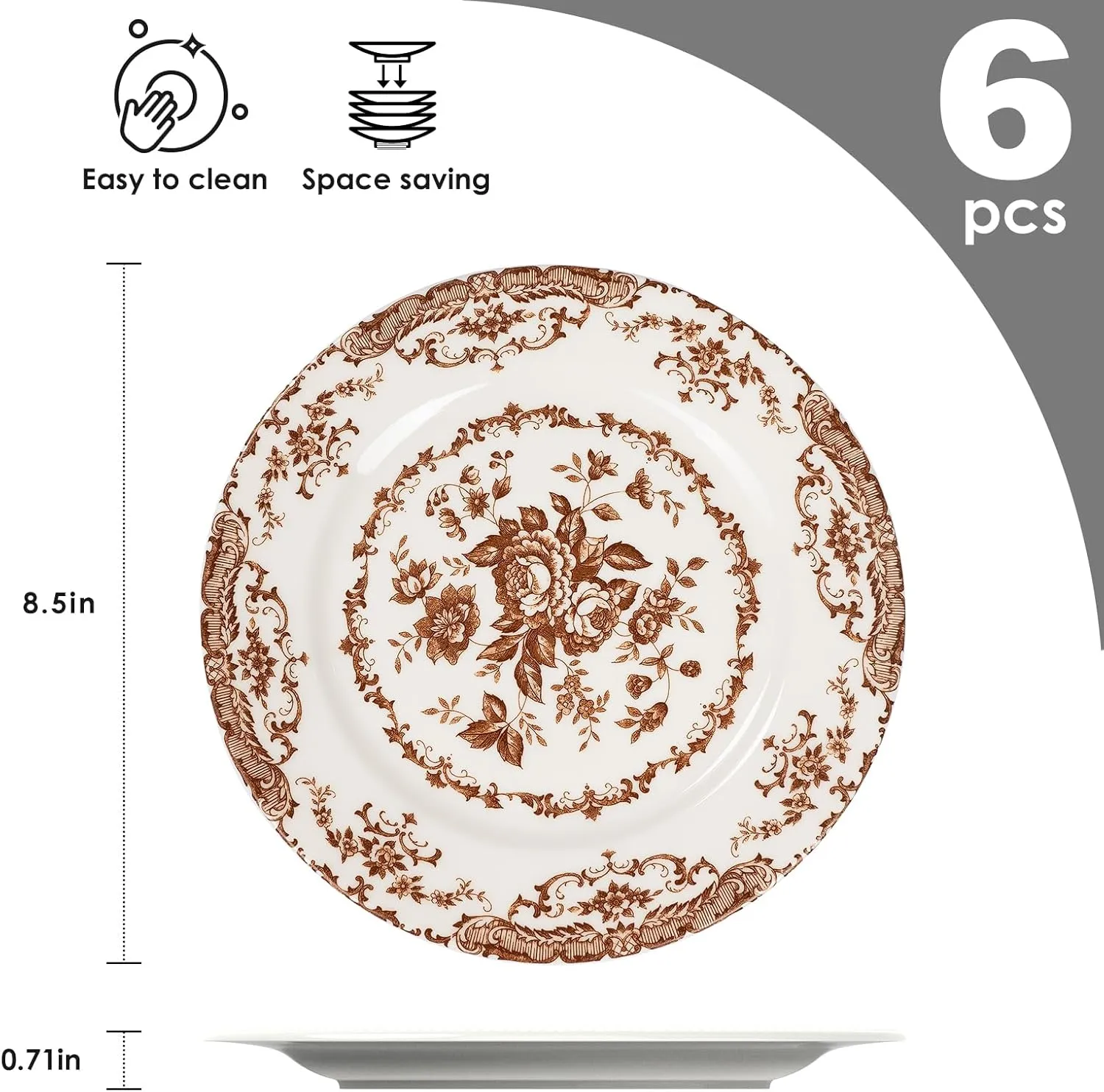 Ceramic Salad Plates Set of 6, 8.5 Inch, Microwave Safe, White Porcelain Dessert Plates