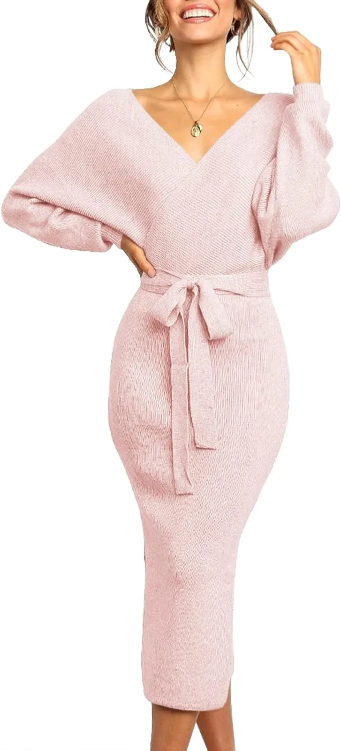 Chang Yun Women's Long Maxi Sweater Dresses Sexy Wrap Batwing V Neck Slit Open Back Holiday Bodycon Dress with Belt