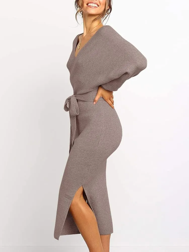 Chang Yun Women's Long Maxi Sweater Dresses Sexy Wrap Batwing V Neck Slit Open Back Holiday Bodycon Dress with Belt