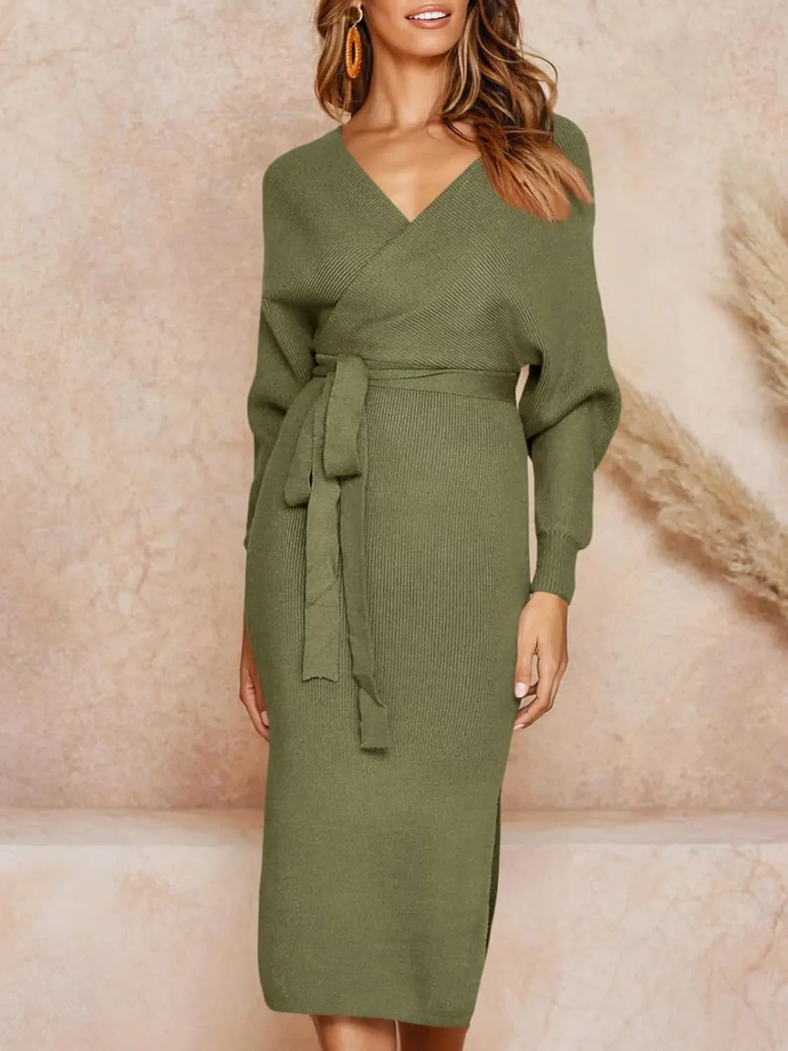 Chang Yun Women's Long Maxi Sweater Dresses Sexy Wrap Batwing V Neck Slit Open Back Holiday Bodycon Dress with Belt