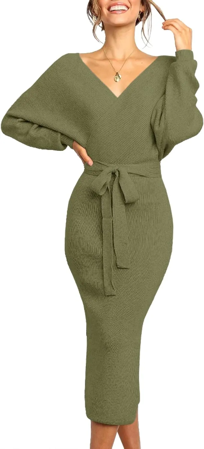 Chang Yun Women's Long Maxi Sweater Dresses Sexy Wrap Batwing V Neck Slit Open Back Holiday Bodycon Dress with Belt