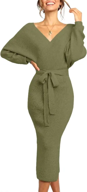 Chang Yun Women's Long Maxi Sweater Dresses Sexy Wrap Batwing V Neck Slit Open Back Holiday Bodycon Dress with Belt
