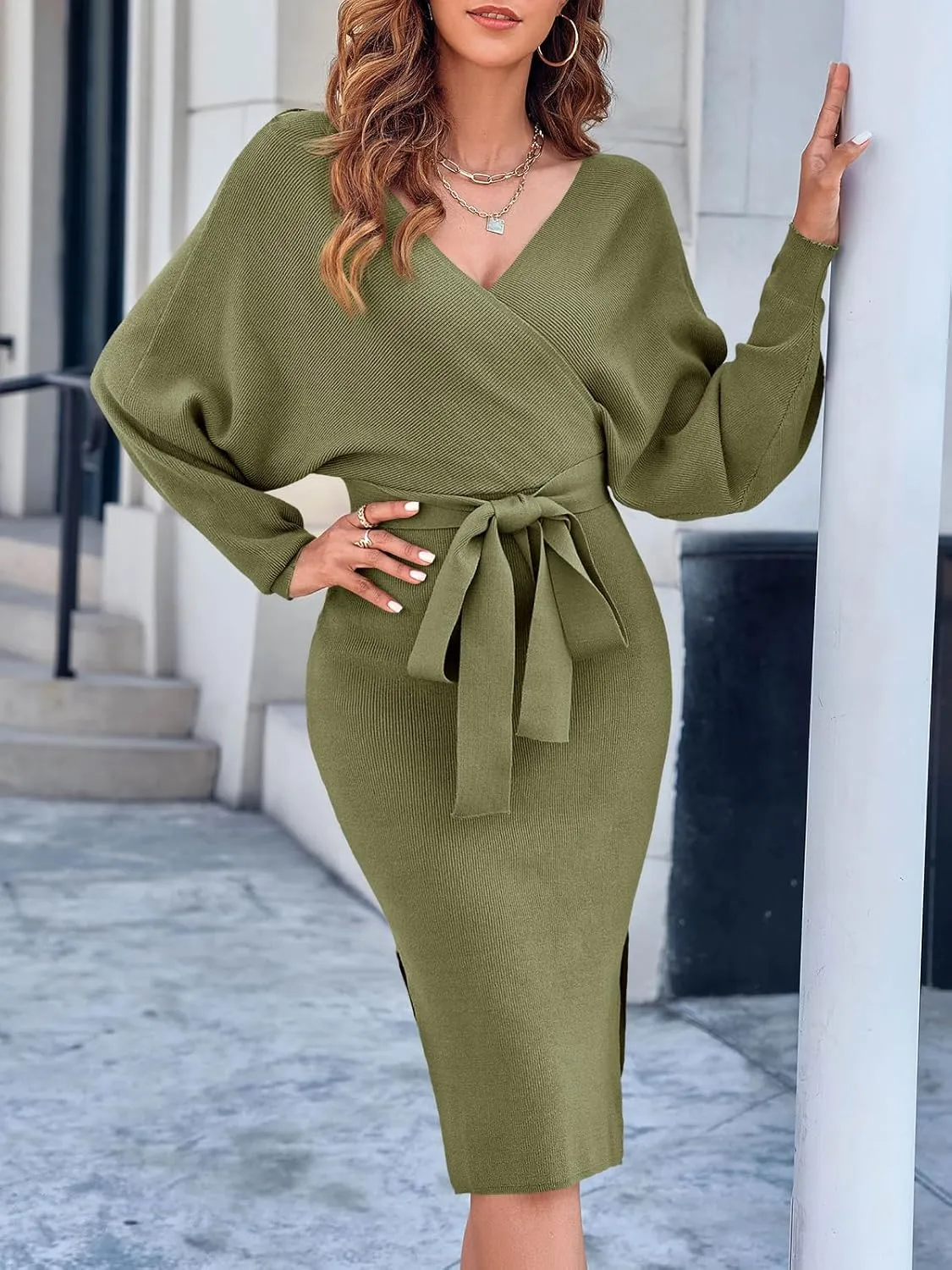 Chang Yun Women's Long Maxi Sweater Dresses Sexy Wrap Batwing V Neck Slit Open Back Holiday Bodycon Dress with Belt