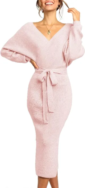Chang Yun Women's Long Maxi Sweater Dresses Sexy Wrap Batwing V Neck Slit Open Back Holiday Bodycon Dress with Belt